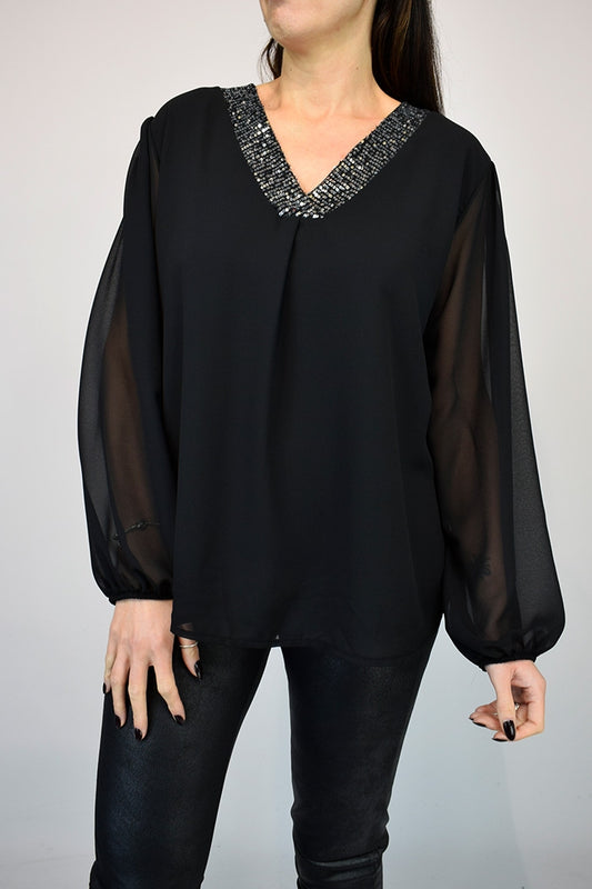 Sequin V-Neck Chiffon Tops