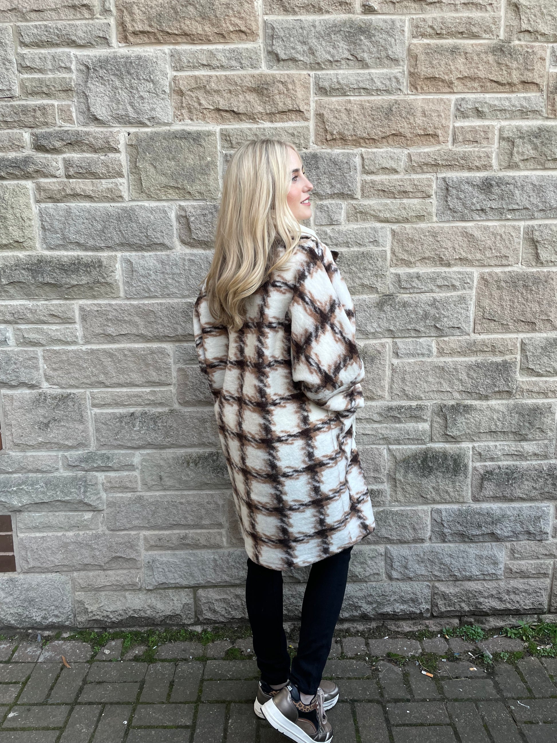 Beige check outlet coat